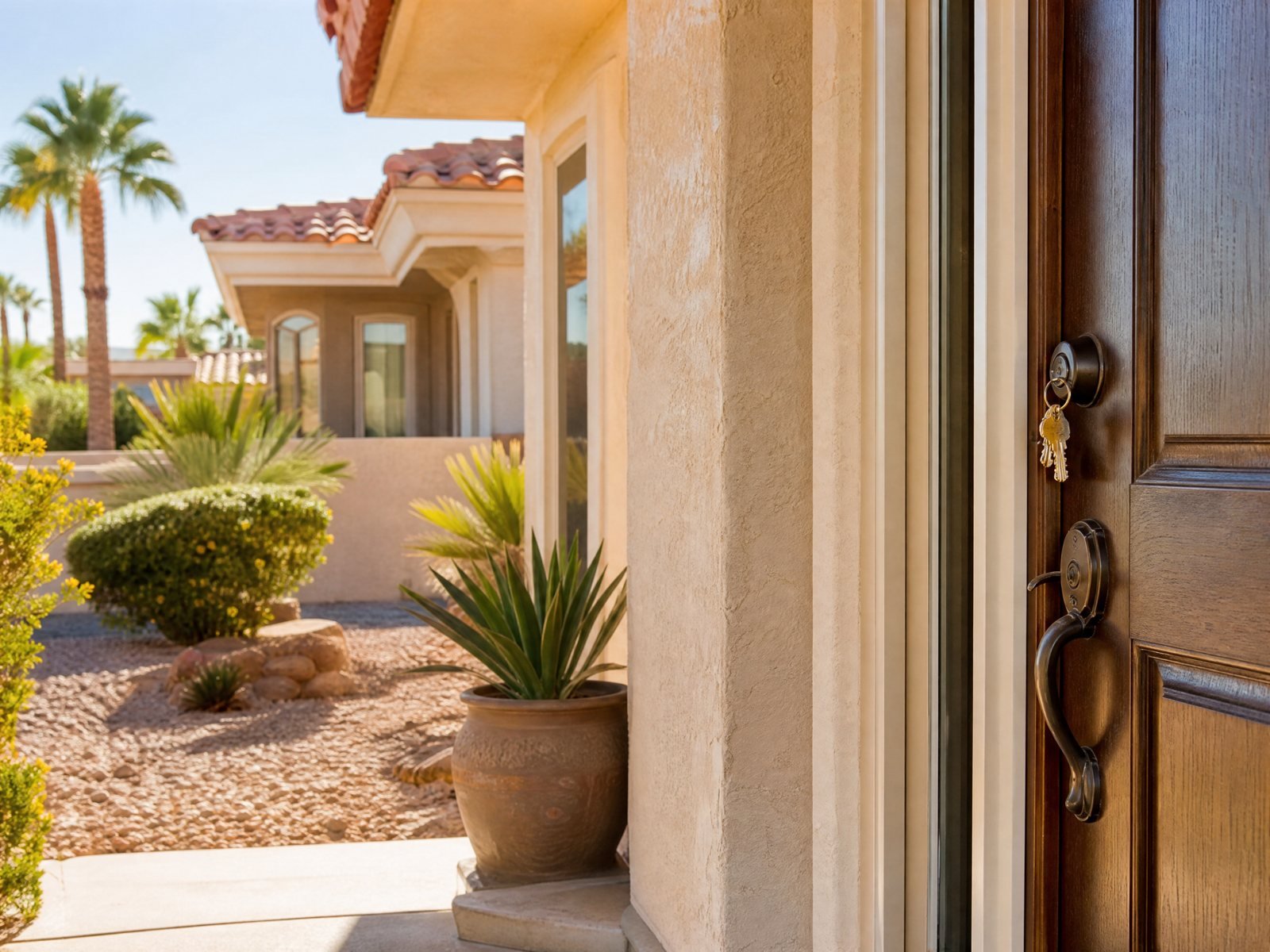 Front door with keys in the lock on a Las Vegas home