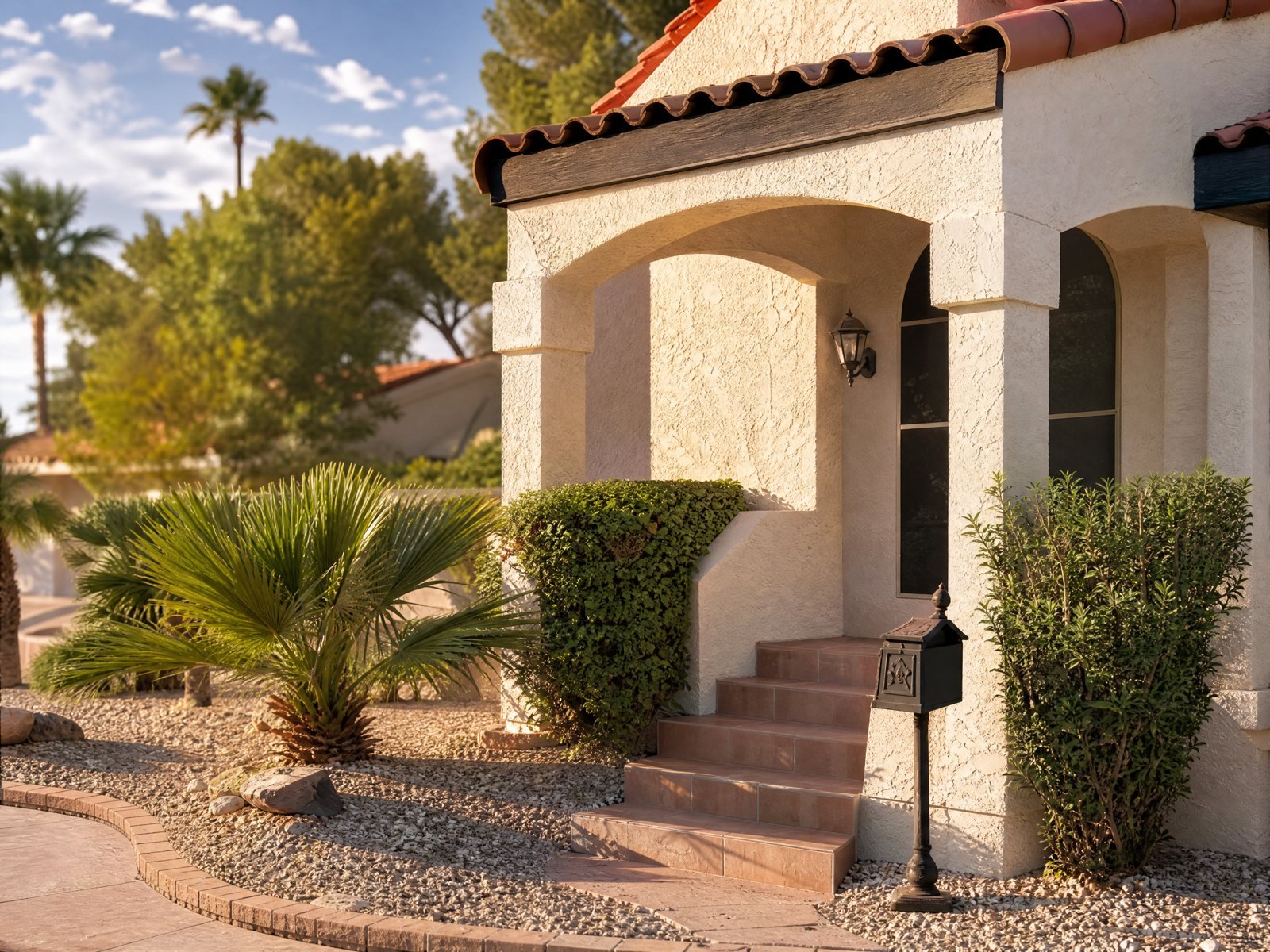 Front porch steps and mailbox on a Las Vegas street